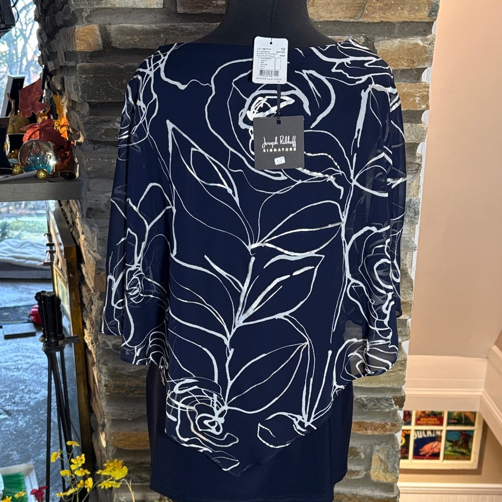 NWT Joseph Ribkoff Navy Blue and silver Rose Print Blouse - Picture 3 of 6